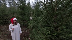 A young woman wearing a Santa hat strolls among dense Christmas trees, taking in the serene atmosphere of the winter forest in December, exploring nature's beauty. - Powered by Shutterstock - Get 15% off with code: PIKWIZARD15