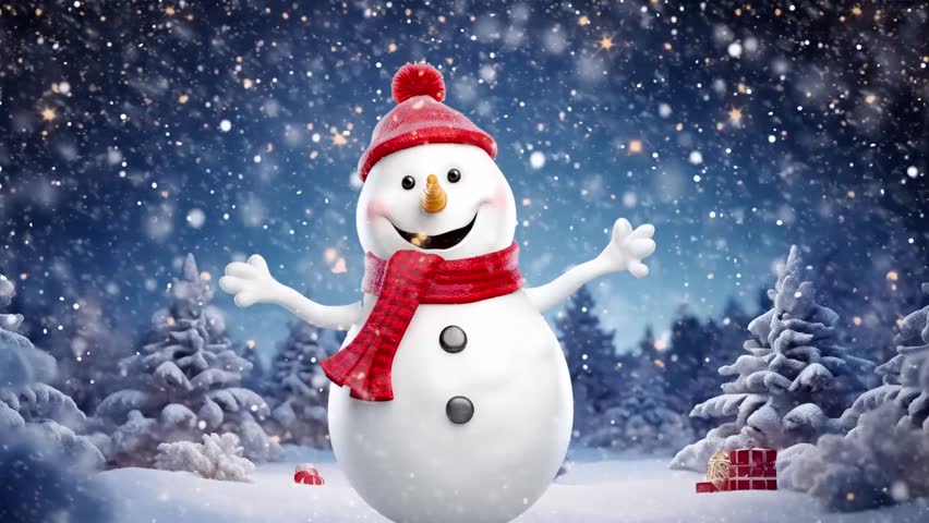 Snowy Day Cheer:  A cheerful snowman with a red hat and scarf stands in a snowy forest, surrounded by twinkling lights,  perfect for winter, holiday, and festive themes. 