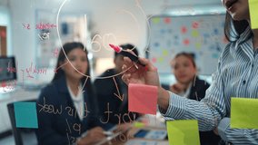 Businesswoman drawing a mind map on a glass wall during a collaborative business meeting in a modern office setting - Powered by Shutterstock - Get 15% off with code: PIKWIZARD15