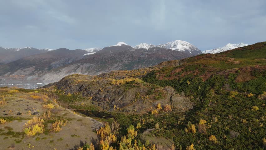 Lake George glacier in Chugach National Forest at sunset. Aerial view