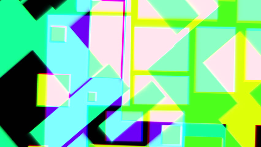 Multicolored Abstract Video of Colorful Glitched Wipe and Blurred Squares and Rectangles Rotating on Black Background. A fragmented geometric abstract background in neon colors