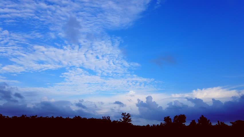 Time-lapse during sunset. Mesmerising black and white cloud movement in blue sky on f forest line. HD