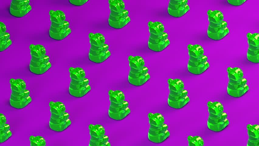 Seamless isometric animation of green gummy bears rotating and moving across a vibrant violet background.