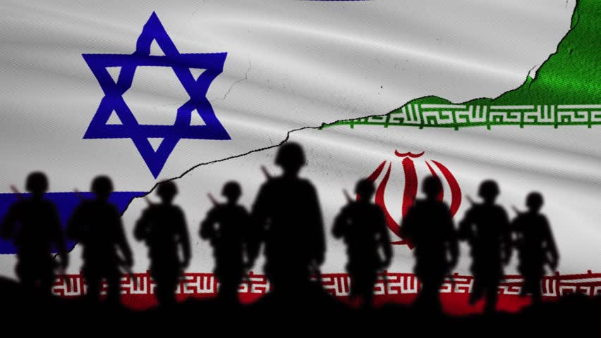 Silhouetted soldiers stand before torn flags of Israel and Iran, symbolizing tension, war, conflict, or geopolitical issues between the two nations.