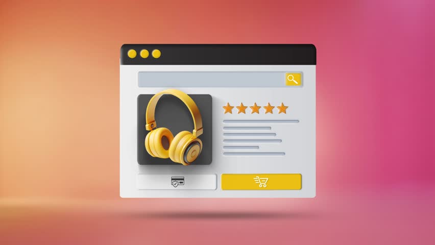 Online shopping and e-commerce application animation. Headphone rating and adding to cart animation
