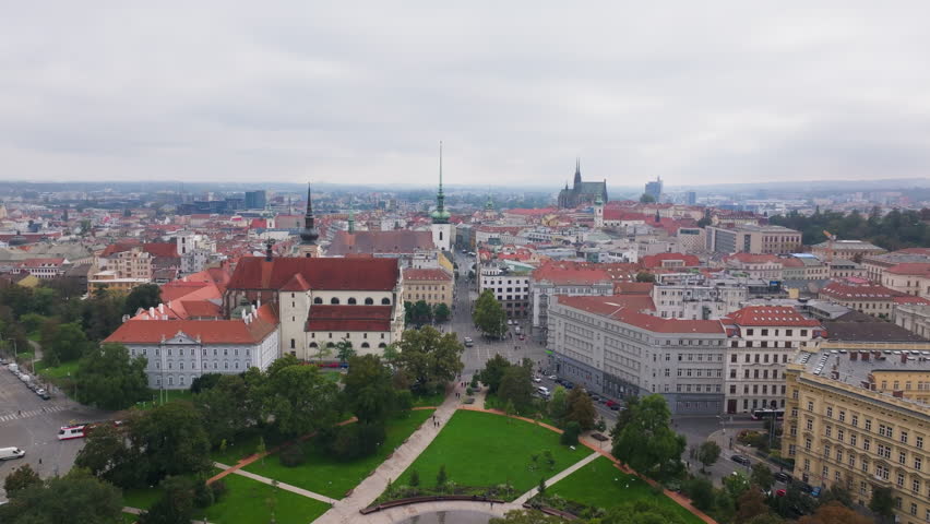 Aerial views of Brno, Czech Republic, highlight the breathtaking cityscape, featuring St. Thomas