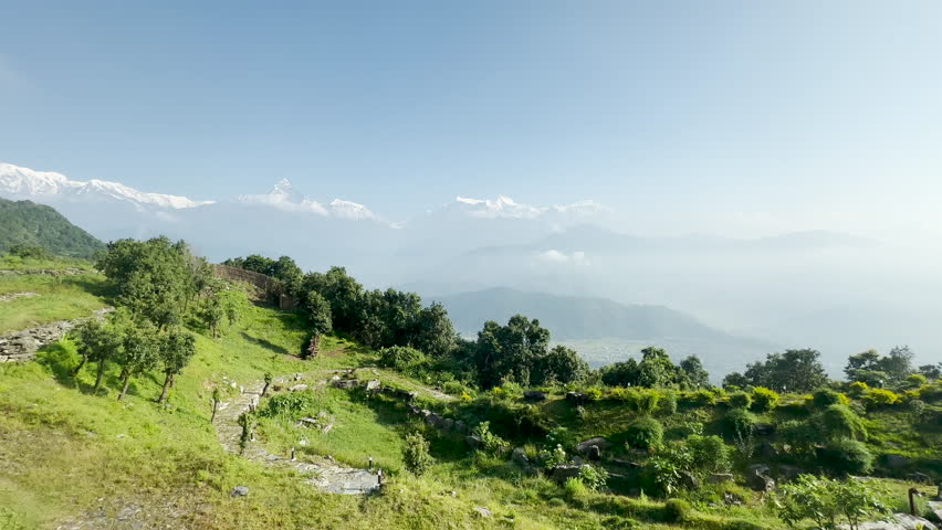 Calm Tranquil Morning in Sarangkot Pokhara with Himalaya Range in the backdrop.