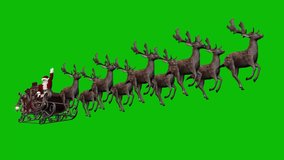 Santa Claus sitting on christmas sleigh, sled, and waving hi, with reindeers running, on green screen 3D animation loop, perspective view from below - Powered by Shutterstock - Get 15% off with code: PIKWIZARD15