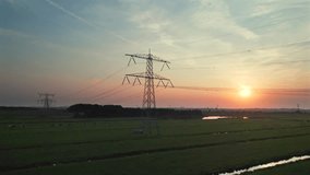 Transmission Tower By The Polders During Sunset In Stolwijk, Netherlands. - aerial shot - Powered by Shutterstock - Get 15% off with code: PIKWIZARD15