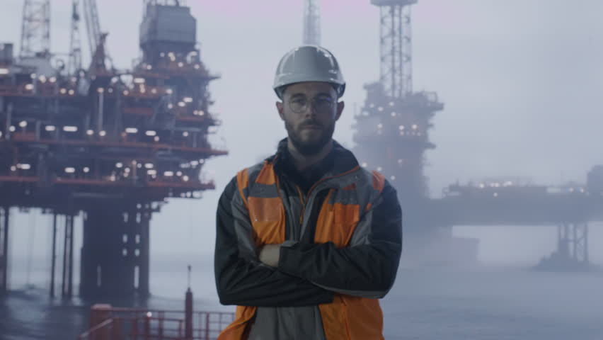 Oil Rig Worker In Safety Gear Standing On Platform Industrial Engineering Future Energy