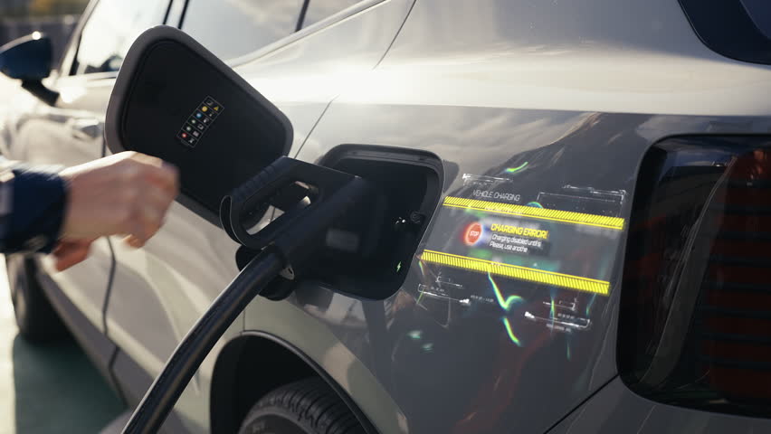 Charging error on holographic display, futuristic electric car charging concept