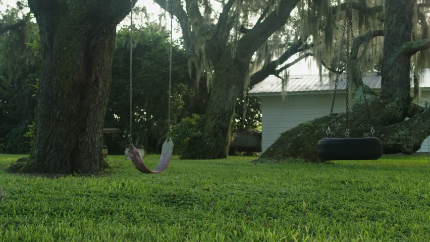 An aged backyard with weathered swings swaying gently, framed by overgrown grass and rustic landscape elements