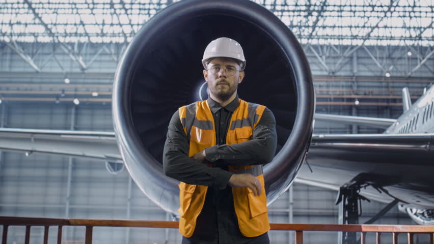 Aircraft Maintenance Worker Standing In Jet Engine Industrial Aviation Engineering