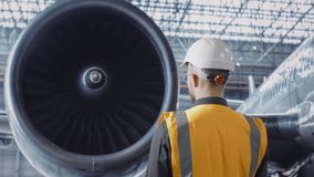 Aircraft Maintenance Worker In Yellow Safety Vest Inspecting Jet Engine At Hangar - Powered by Shutterstock - Get 15% off with code: PIKWIZARD15