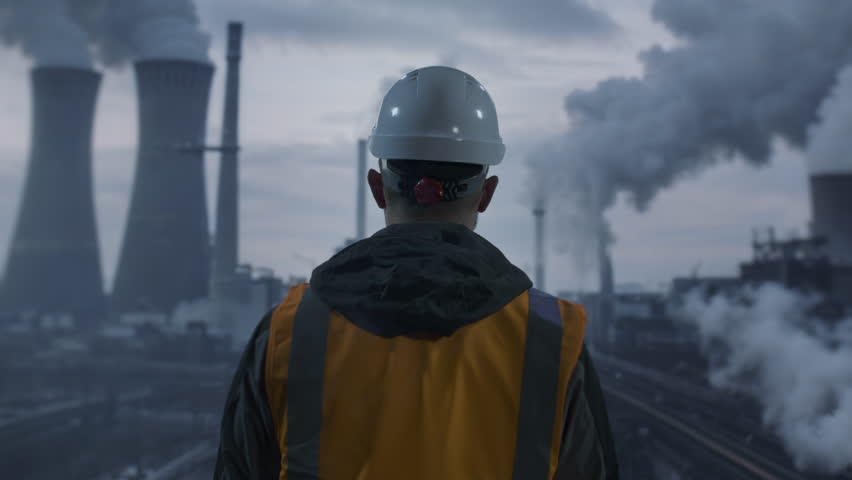 Industrial Worker Overlooking Power Plant Cooling Towers Energy Production Environment Impact