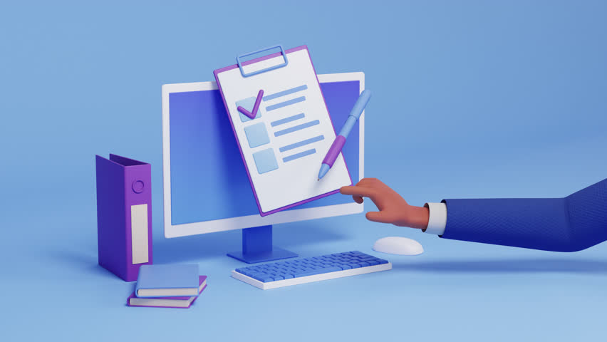 Time management and planning strategy 3d animation. Computer monitor, desk setup. Schedule, to-do list. project tasks, marketing, deadline concept. Workflow organization
