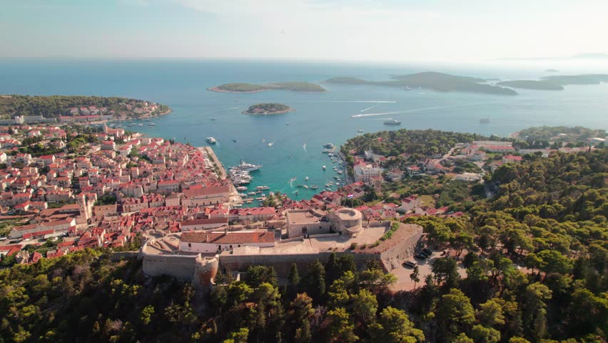 Aerial View Of Fortica Fortress And Hvar Town In Hvar Island, Split-Dalmatia, Croatia.