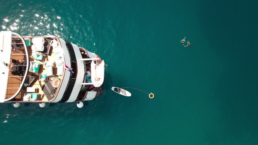 Above View Of Luxury Yacht Charter On The Adriatic Coast In Croatia. Aerial Shot