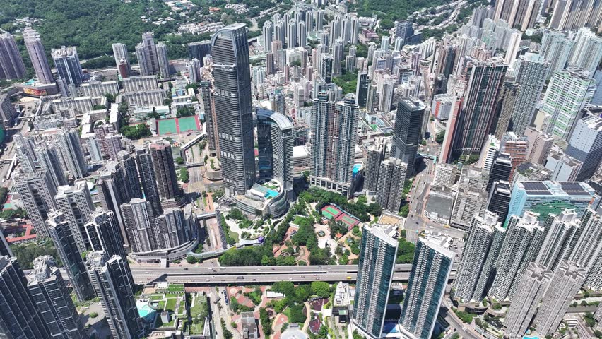 Hong Kong Tsuen Wan Kwai Chung Tsing Yi ,a seaside commercial and residential mature community satellite town reclaimed from sea in New Territories , Aerial drone skyview