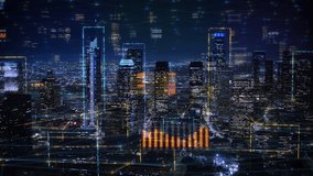 Aerial Night View Of Los Angeles With Futuristic Augmented Reality Digital Network Elements. The Illuminated Cityscape Highlights Skyscrapers, Data Visualizations, And Technological Connectivity. - Powered by Shutterstock - Get 15% off with code: PIKWIZARD15