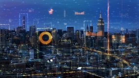 
High-Tech Nighttime View Of Manhattan, New York, With Skyscrapers Illuminated. Augmented Reality Elements Overlay Financial Charts And Data, Creating A Futuristic Networked Cityscape. - Powered by Shutterstock - Get 15% off with code: PIKWIZARD15