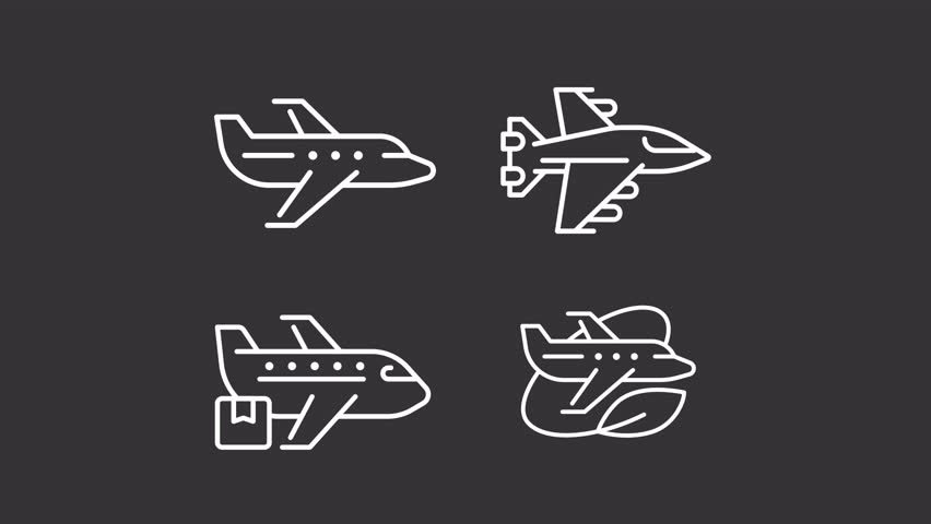 Animated aircrafts white icons. Types of airplanes line animation library. Commercial and military planes. Isolated illustrations on dark background. Transition alpha. HD video. Icon pack