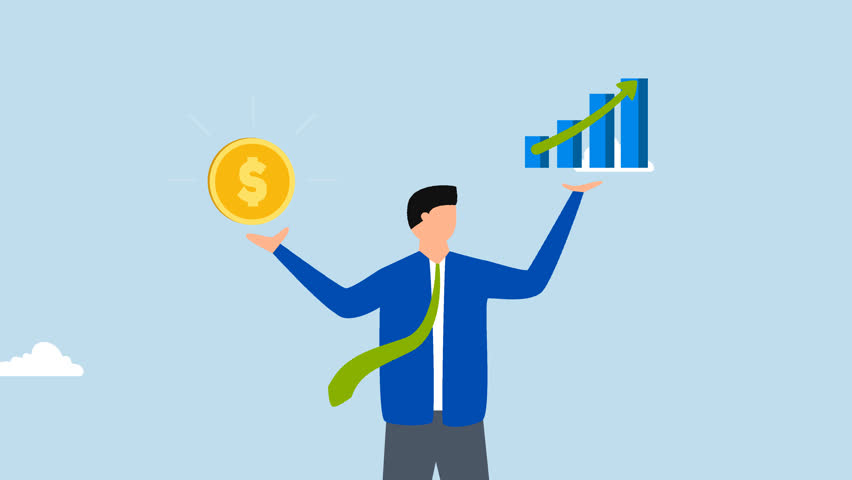 Value stock vs growth stock, 4k animation of businessman is evaluating the difference between value and growth stocks that he holds. 