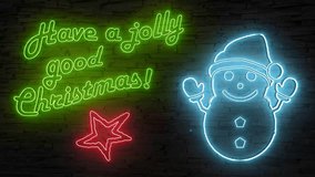 Have a jolly good Christmas neon sign next to snowman and red star illuminated flickering animation dark brick wall background eye catching quirky holiday greetings for online business sstkChristmas - Powered by Shutterstock - Get 15% off with code: PIKWIZARD15