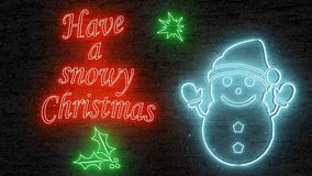 colorful neon signs HAVE A SNOWY CHRISTMAS holly snowman illuminated flickering snow animation dark brick wall background eye catching quirky holiday greetings, online business shop sale sstkChristmas - Powered by Shutterstock - Get 15% off with code: PIKWIZARD15