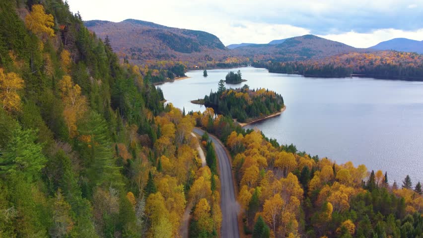 Overlooking lake and forest in Northern Ontario during autumn, vibrant foliage surrounding calm waters as car drives along winding path, aerial high angle dolly