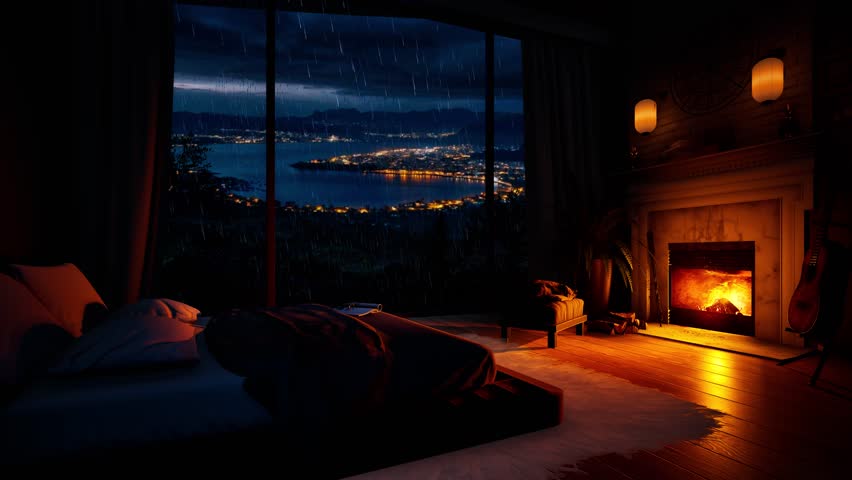 A cozy, relaxed atmosphere by a burning fireplace on a rainy evening against the backdrop of a panoramic window with the evening city. 3D animation.