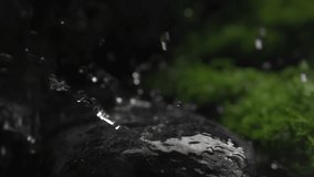 Water droplets falling on a rock surface close up. Aqua drops falls and splashing on a stone. Concept of natural springs and wellness or beauty products. Cold mineral water in super slow motion - Powered by Shutterstock - Get 15% off with code: PIKWIZARD15