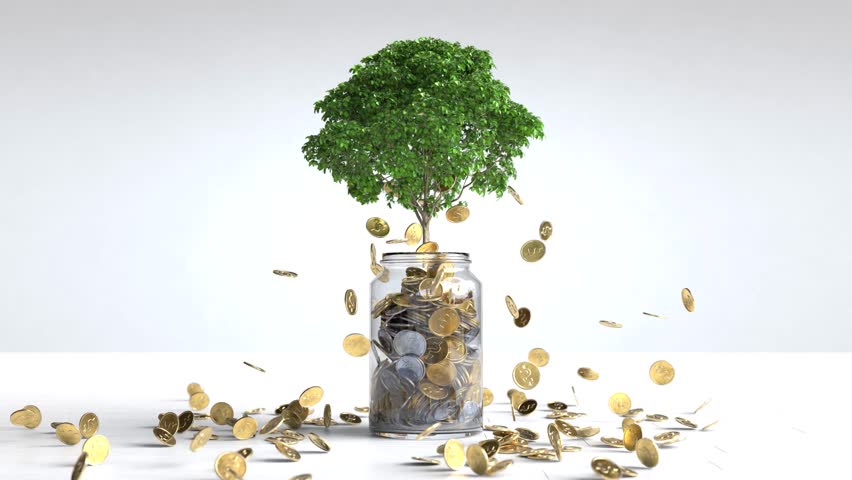 A tree grows on a coin in a glass jar, Money saving concept, Gold coins falling from trees