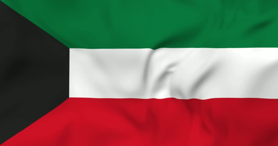 Two flying airplanes and waving flag of Kuwait in background. 3d loopable animation in 4k resolution video.