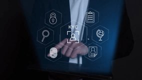  KYC compliance interface with the user. Business professional interacting with a Know Your Customer (KYC) compliance and security interface on digital screen. Identity verification, E KYC	 - Powered by Shutterstock - Get 15% off with code: PIKWIZARD15