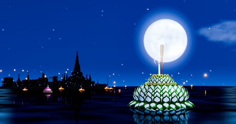 Loy Krathong Festival. A water festival in Thailand on the full moon night, the 15th day of the 12th lunar month. Continuing the traditions of culture since ancient times. 3D Rendering