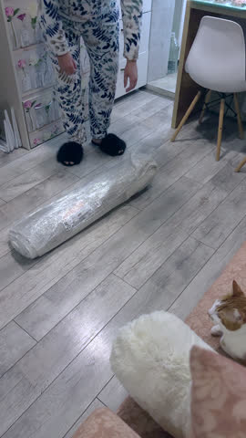 A woman is unpacking a floor mat. White fluffy carpet. Carpet review. Vertical video.