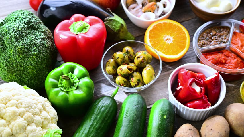 Food products representing the Mediterranean diet