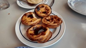 Traditional Portuguese Pastéis de Belém custard tarts on a plate with flaky crust and caramelized tops.
 - Powered by Shutterstock - Get 15% off with code: PIKWIZARD15