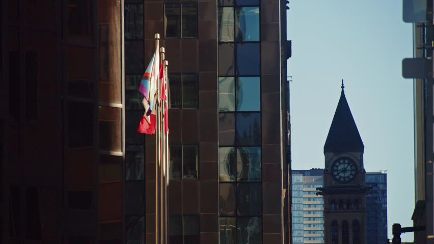 The Business Center Of Toronto Is Bathed In The Soft Glow Of Sunrise, As The Tall Towers Shine In The Morning Light, Marking The Start Of A New Day. Toronto, Ontario, Canada.