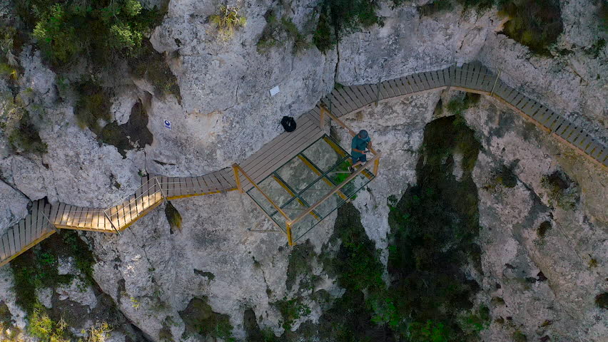 Drone view of the interior of the gorge in the town of Relleu, with its popular wooden walkway, anchored to the walls of the gorge, 80 metres from the bottom.