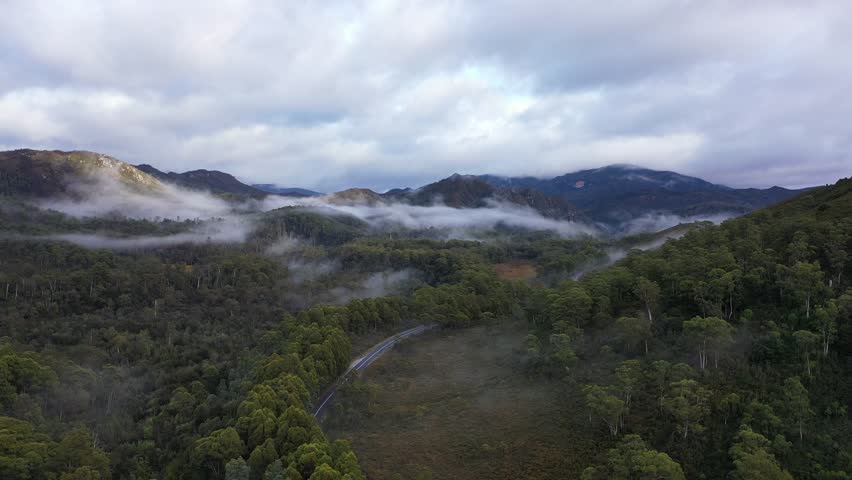 Lyell Highway Frenchmans Cap, Southwest, Tasmania, Australia 4K Aerial Drone