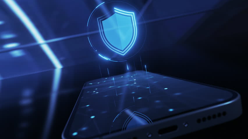Cybersecurity shield icon hologram and smartphone. Data protection and privacy or antivirus concept. Finance data or VPN service protection. Blockchain and secure crypto wallet mobile app - Powered by Shutterstock - Get 15% off with code: PIKWIZARD15