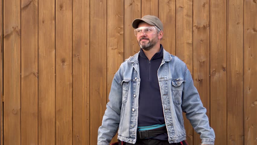 Adult man holding electric saws. Worker at construction site. Professional. Tool advertisement. Model. Cutting disc. Wooden background. Close-up.