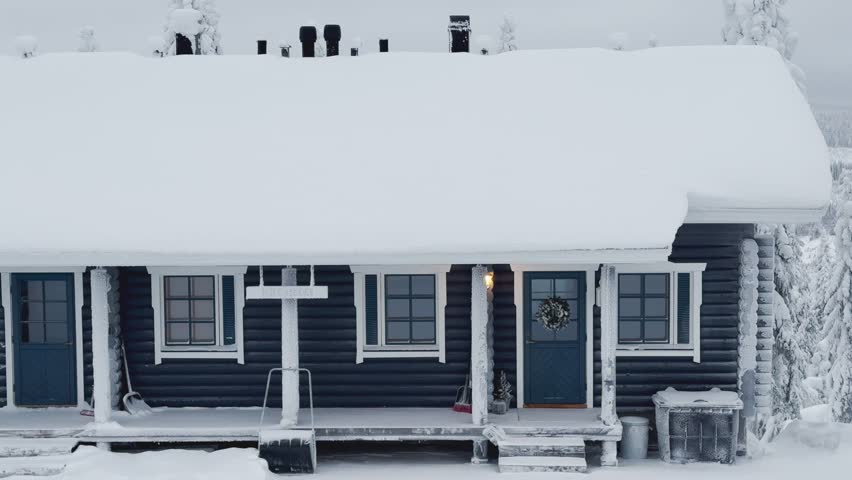 Typical snow-covered Lappish houses in the Iso-Syote area. Ski slopes, winter sports. Relaxation and lots of snow in the southern part of Lapland. Typical houses. Snow-covered trees.