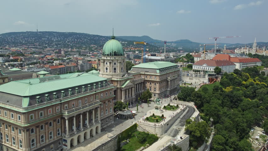 Aerial view of Buda Castle Hill and the Danube river, Budapest, Hungary, 4k