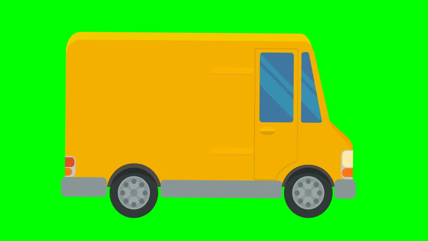 Animation loop of a yellow delivery van side view running in flat design style on green screen with alpha channel