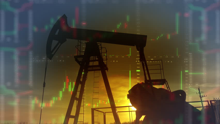 Oil pump silhouette at sunset on background of stock charts. Industry energy power. Business financial concept, 4k