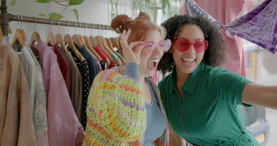 Female Friends Taking Selfie, Shopping Store, Trying Sunglasses