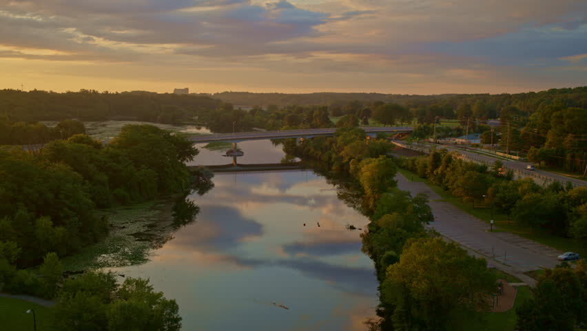 Huron River, Ann Arbor, Michigan, shown from a slow-moving drone in the summer.